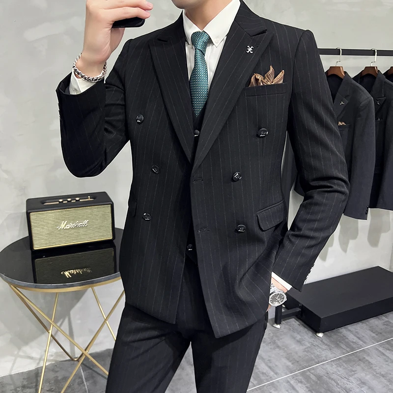 Slim Fit Double-breasted Striped Suit Vest Trousers 3-Piece Set Korean Fashion M-7XL Men\'s Fashionable Striped Three-piece Suit