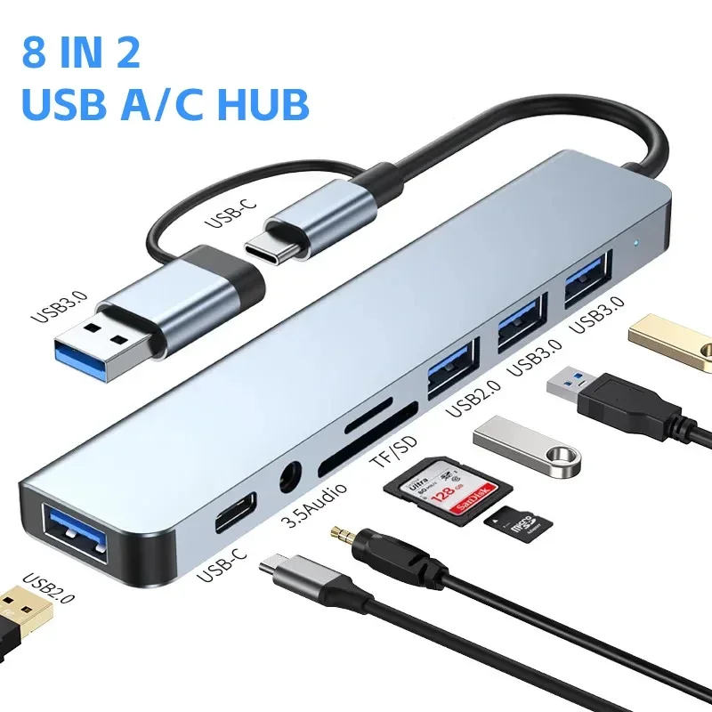 

Multiport Type C USB Hub Adapter, 2 in 1 Splitter with 7/8 Ports, Aluminum Docking Station3.5 Audio for Macbook Pro Air