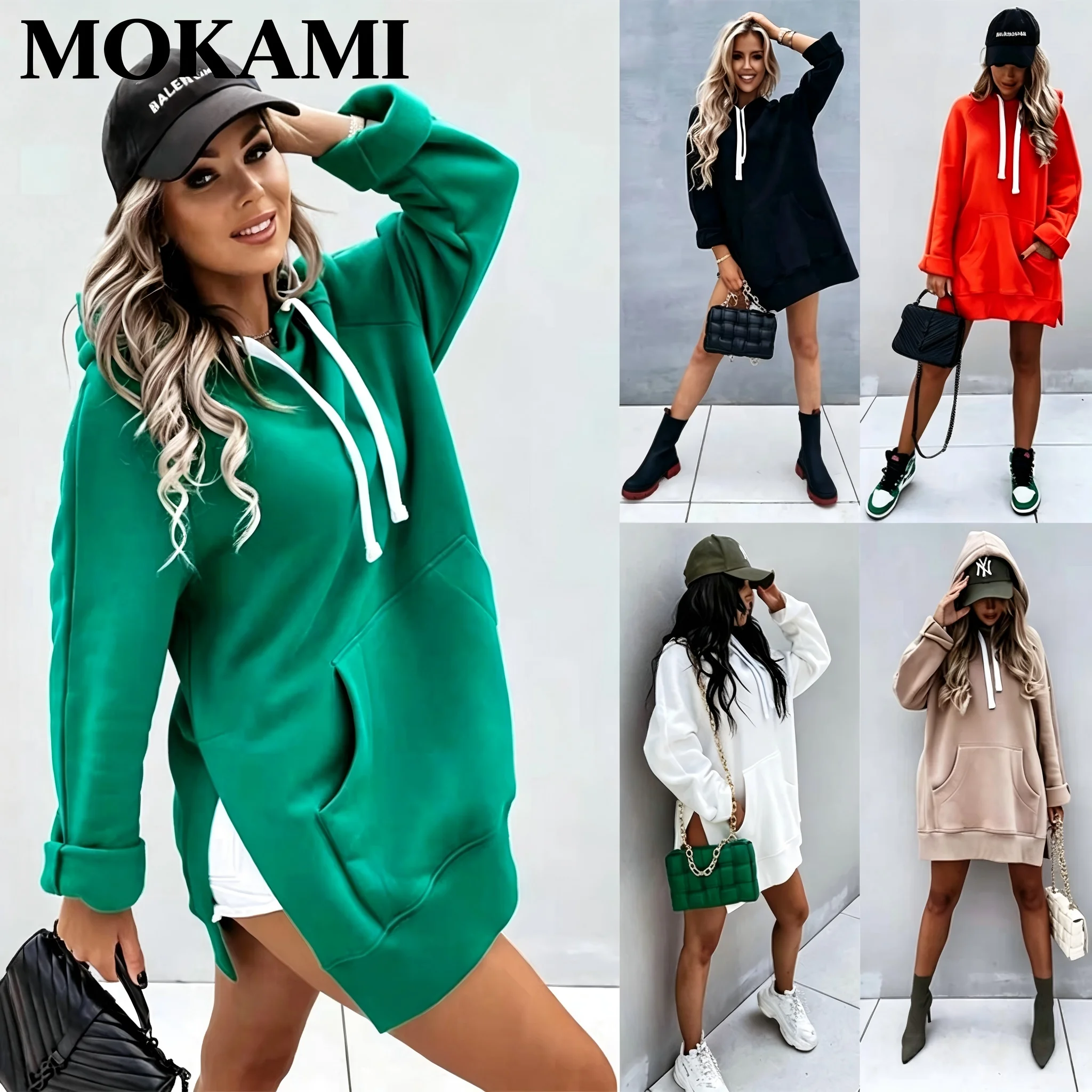 Women's Autumn Winter New Pure Color Hooded Mid-Length Sweatshirt Comfortable Casual Streetwear Fashion