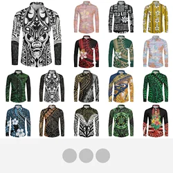 Polynesian Tribal Samoan Totem Tattoo Prints Men's Fashion Long Sleeve Shirt Single Simple Design Casual Standard-fit Button