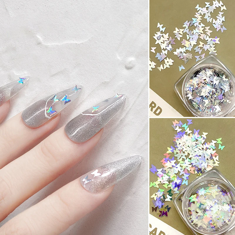 Dijes holográficos de plata para decoración de uñas, copos de purpurina, lentejuelas de mariposa, accesorios para salón de manicura, 1 caja