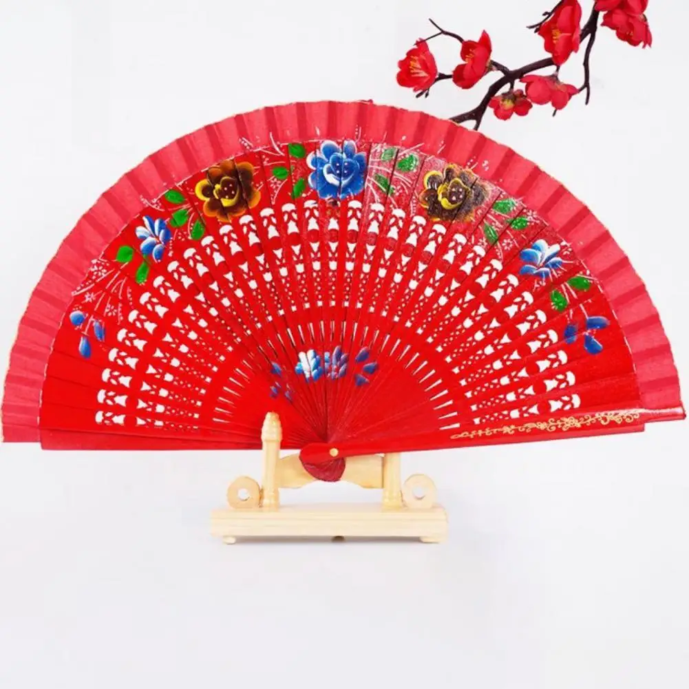 Elegant Folding Fan Summer Handheld Fan Women's Summer Hand Held Fan with Flower Pattern Tassels Double Wooden Ribs for Catwalks