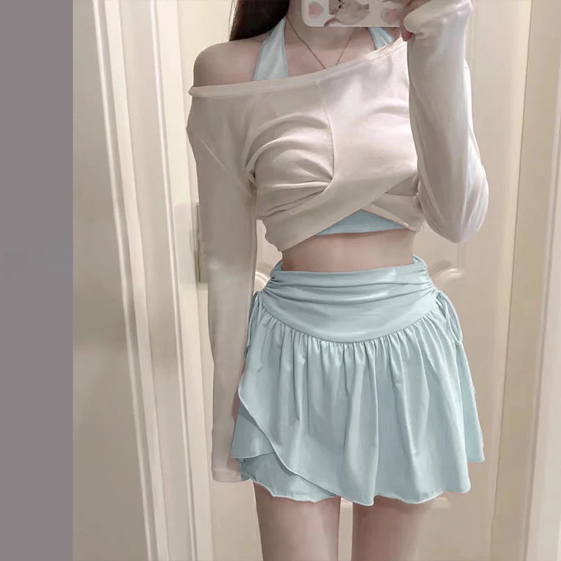 Sexy Korean Fashion Blue Bandage Swimsuits Three Pieces Ruffles Mini Skirt Culottes Bikinis Sweet Beach Outfits Biquini Tankini