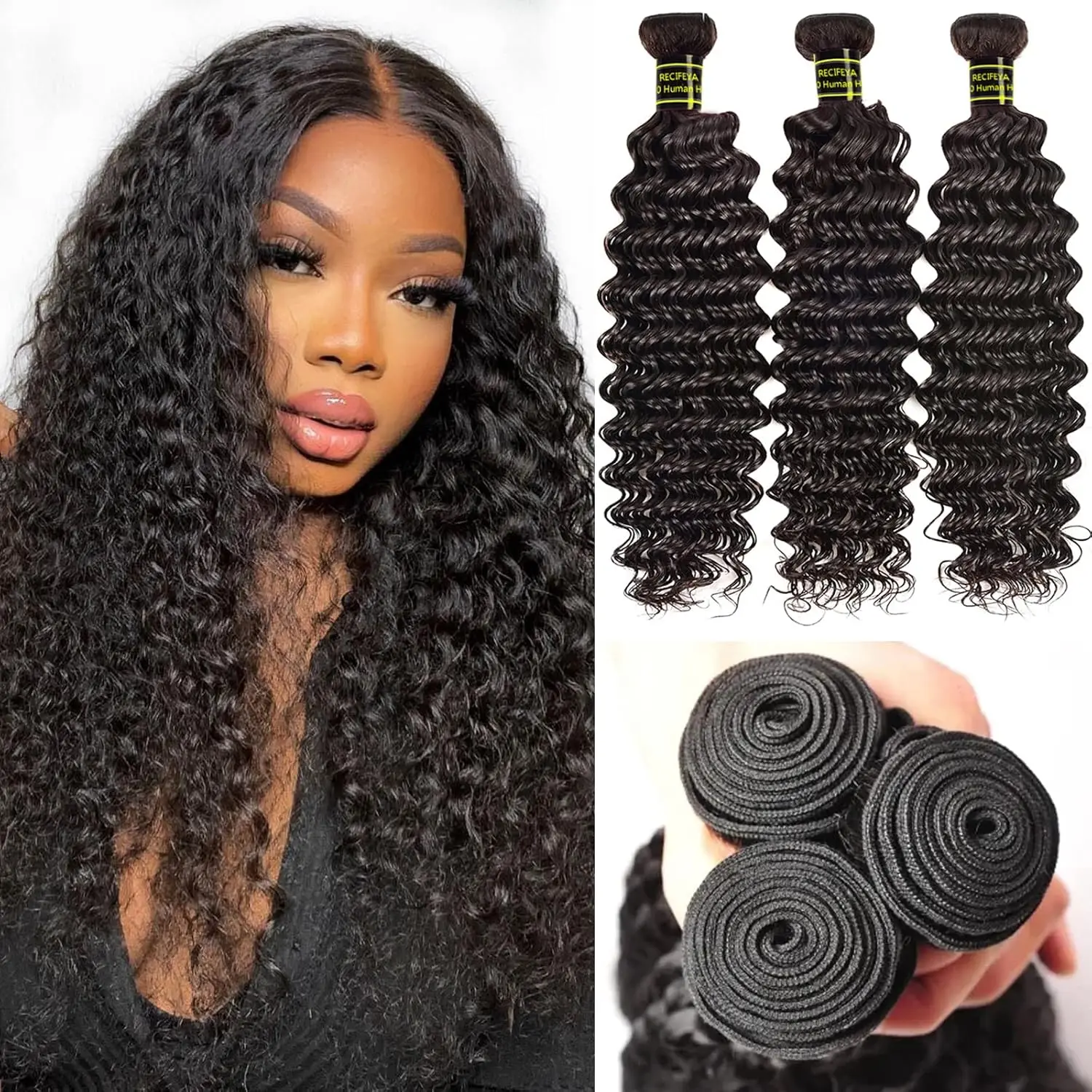 12A Deep Wave Bundles Human Hair 24 26 28 Inch Brazilian Deep Wave Curly 3 Bundles Human Hair Bundles 100% Unprocessed