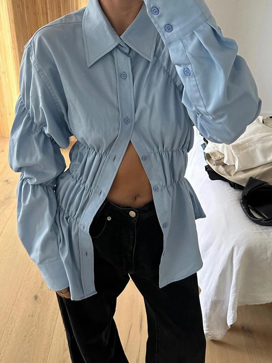 New Women Long Sleeve Shirts Solid Color Scrunched Turn Down Collar Button Down Blouses Spring Casual Tops Streetwear Hot Sale