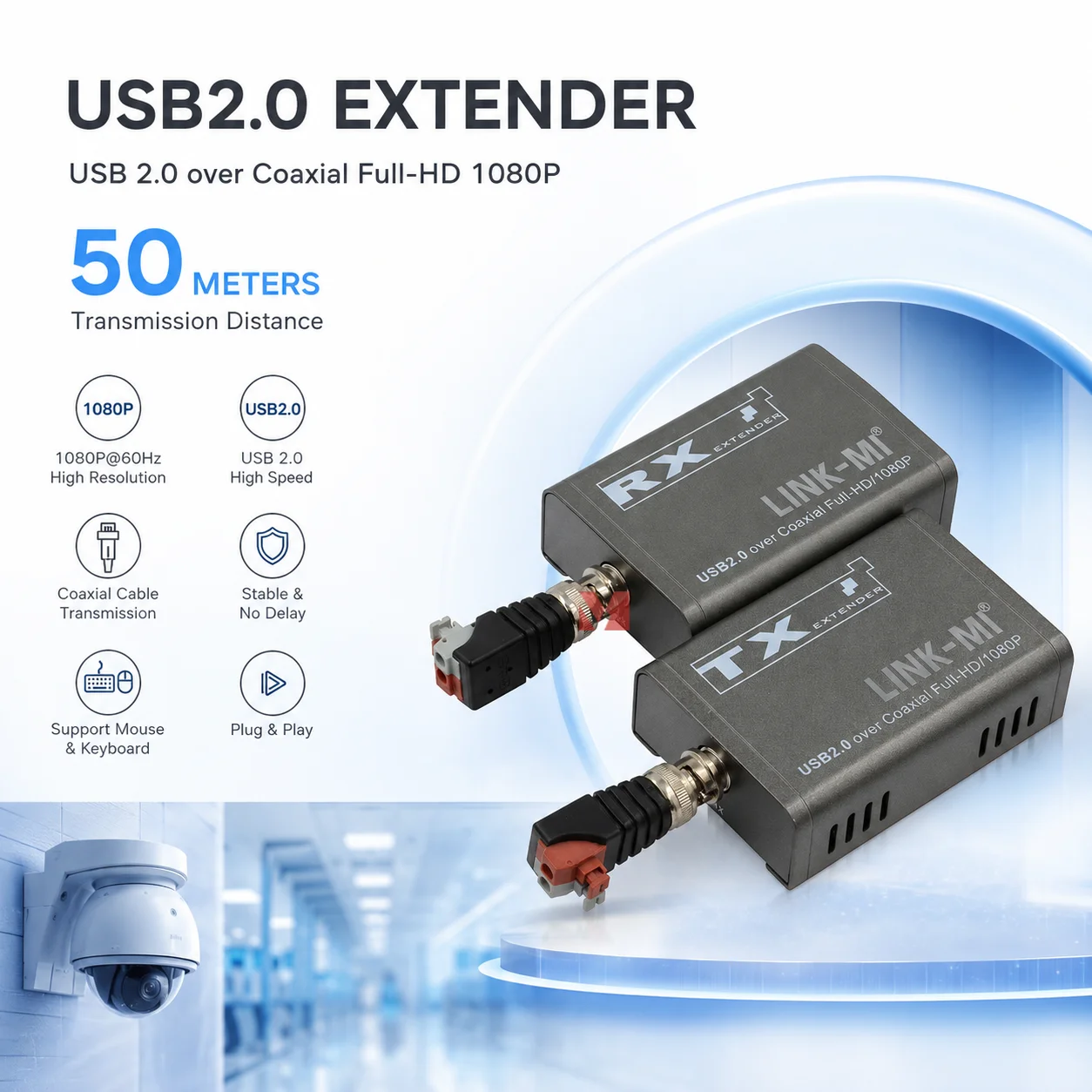 50 Meters USB 2.0 Extender HD Video Signal Transmitter Receiver 1080P60Hz Coaxial Twisted Pair For printer USB Camera