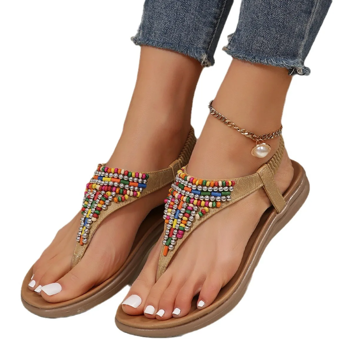 Roman Sandals Women\'s 2024 Summer Colorful Bead Decoration Flat Bottom Comfortable Clip Toe Bohemian Beaded Sandals