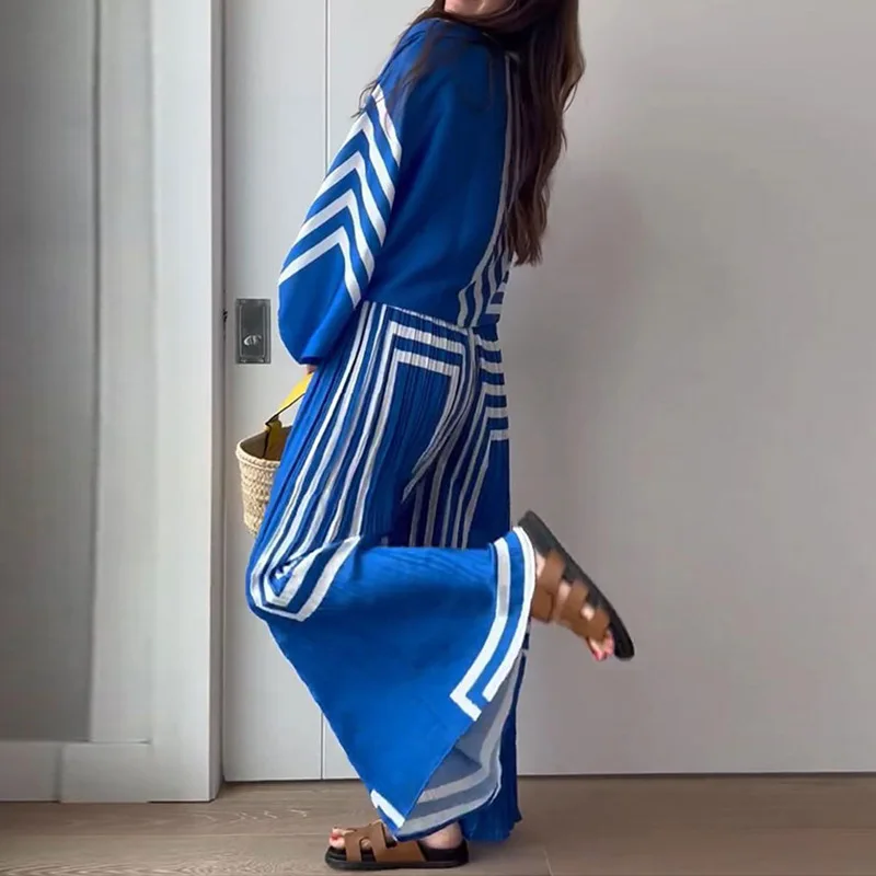 Printed Striped Shirt And Pants Set For Women, Pleated Straight Leg, Wide-leg Pants, Spring And Autumn, 2-Piece Set