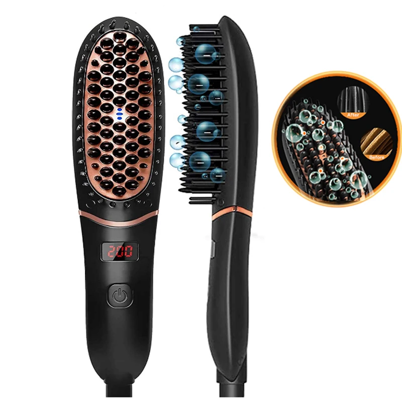 Mini Ceramic Hair Straightener Brush for Women Men Fast Heat Rechargeable Negative Ionic 5 Level Temperature Beard Hair Styler