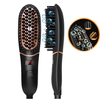 Image Mini Ceramic Hair Straightener Brush for Women Men Fast Heat Rechargeable Negative Ionic 5 Level Temperature Beard Hair Styler