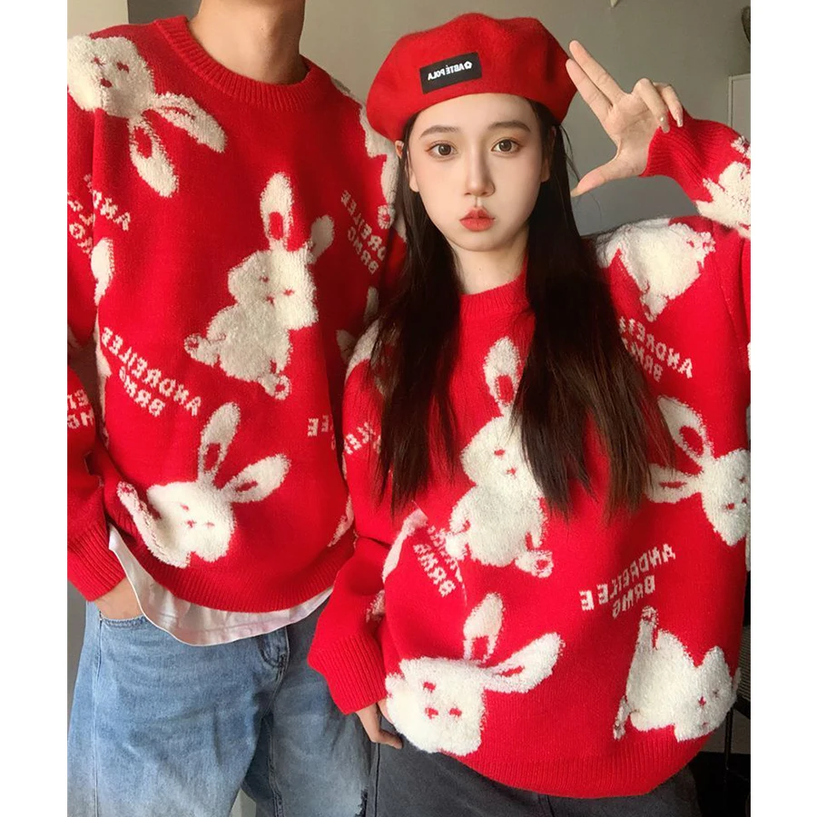 Harajuku Cute Animal Bunny Embroidery Sweaters Oversized Thicken Winter O-neck Pullover Christmas Red Streetwear Kawaii Clothes