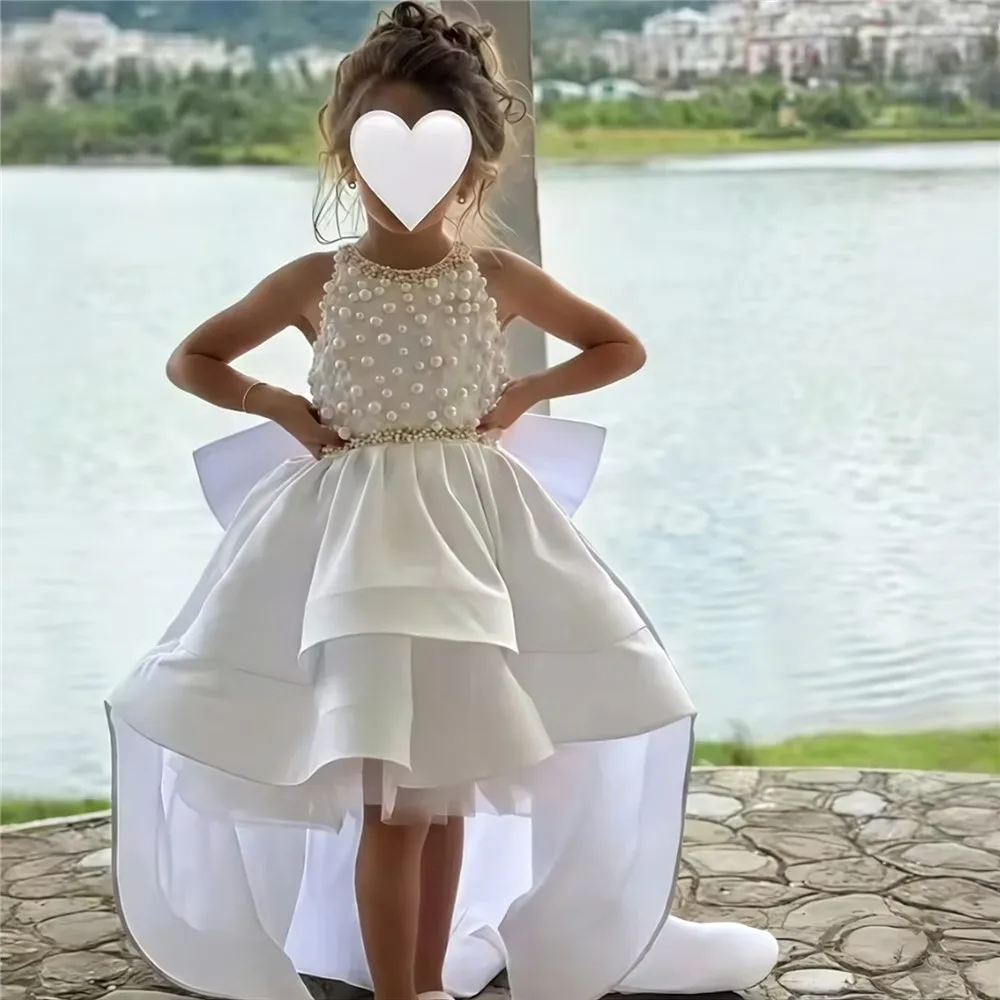 

Luxury Sleeveless Flower Girl Wedding Dress Appliques Beading Bow with Sweep Train Princess First Communion Gown Customized