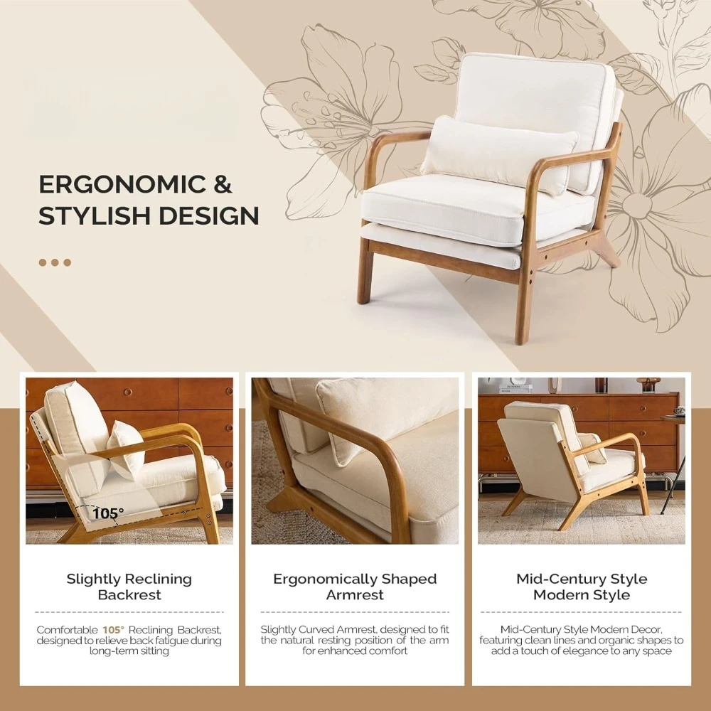 

Chenille Mid-Century Modern Accent Chair Set of 2, Cute Reading Arm Chair with Cushion & Lumbar Pillow & Solid Wood Framev