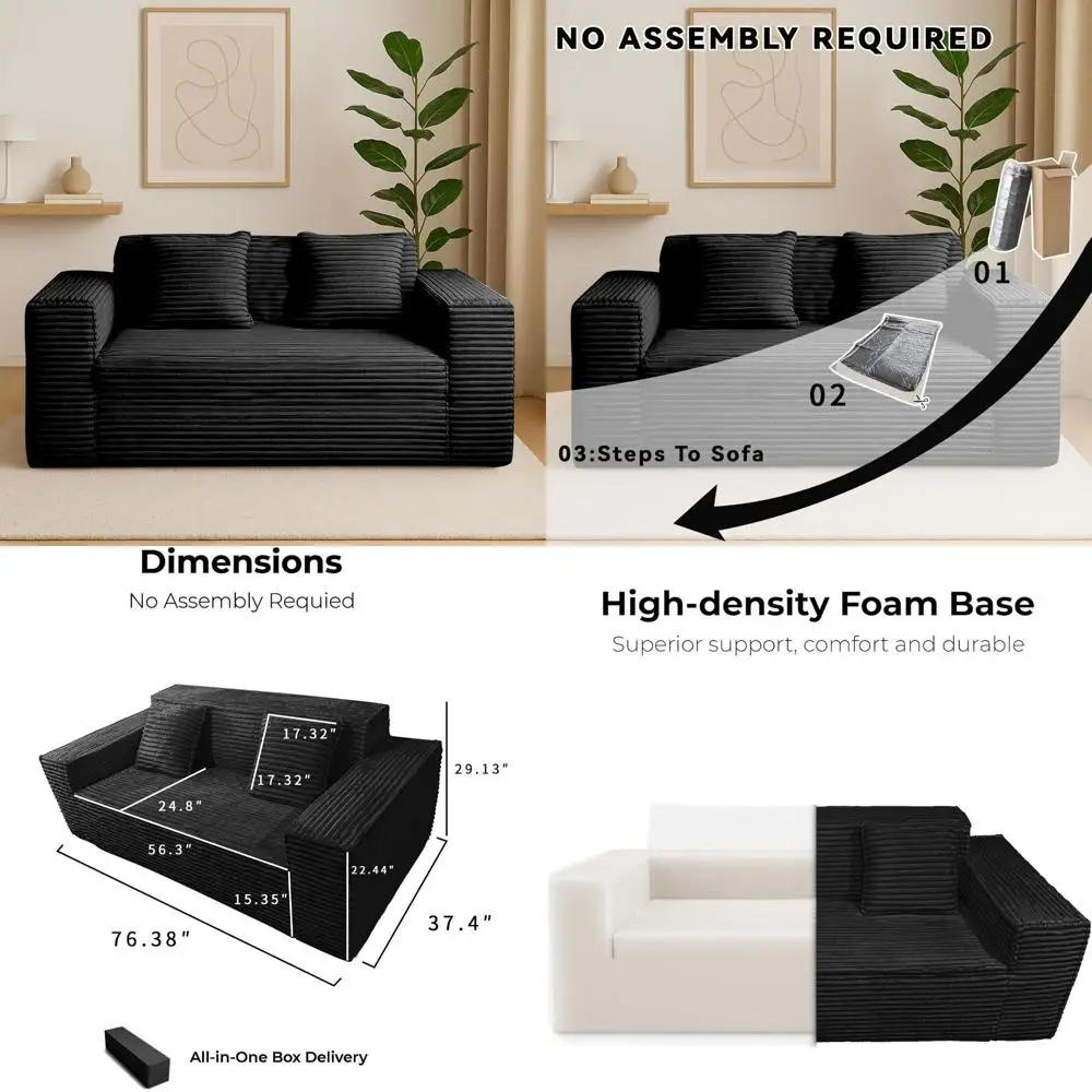 Memory Foam 2-Seater Couch in Corduroy, No Assembly Required, Easy Transport, Floor Sofa Lounge for Living Spaces