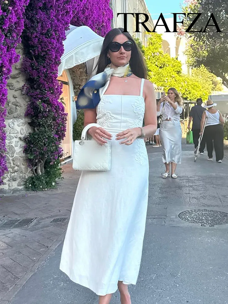 

TRAFZA Female Summer Elegant Beach Style Dress White Square Collar Sleeveless Embroidery Decorate Zipper Women Fashion Dresses