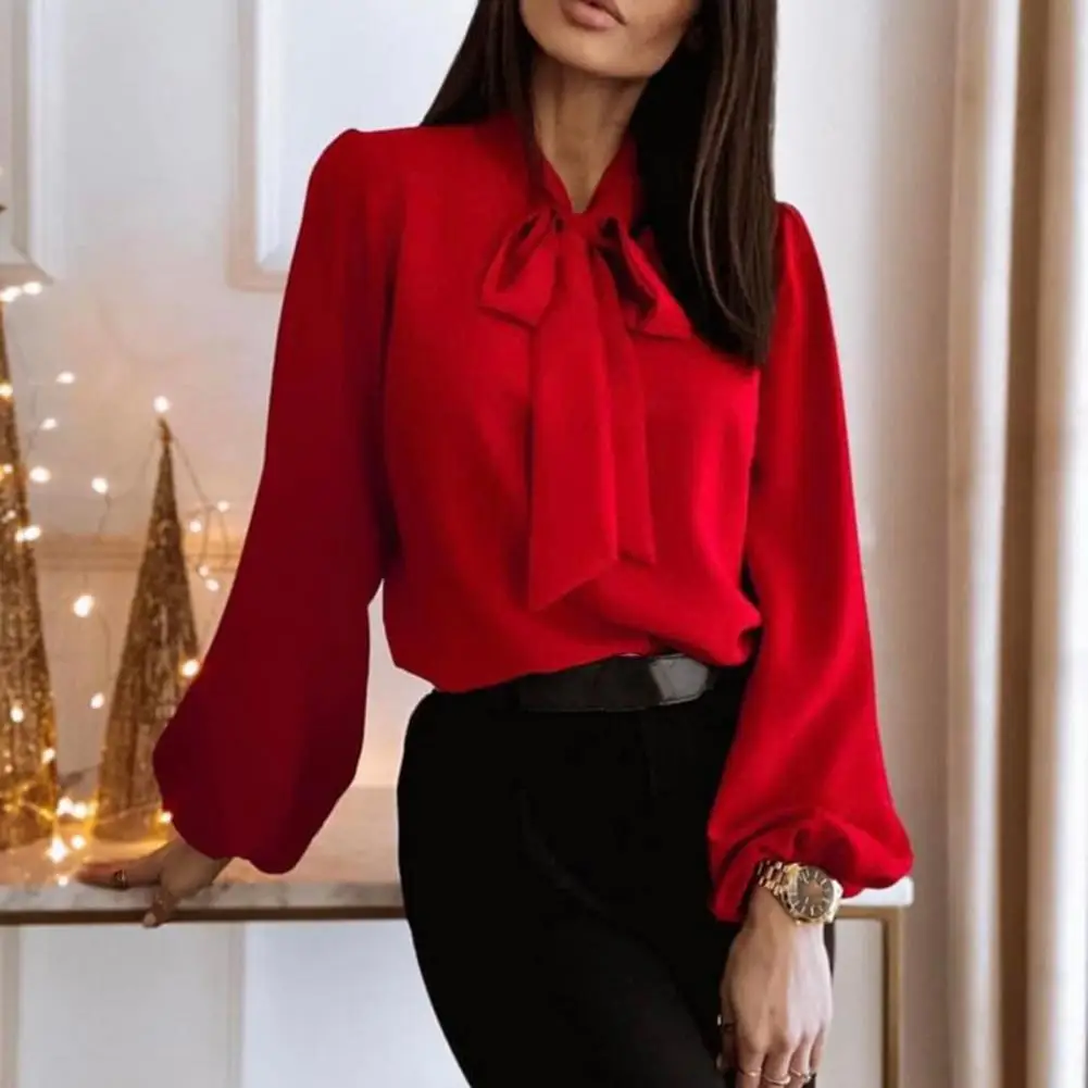 

Повседневная Женская блузка, элегантная женская блузка с бантом и длинным рукавом, мягкий дышащий однотонный топ для весны и осени, повседневный свободный