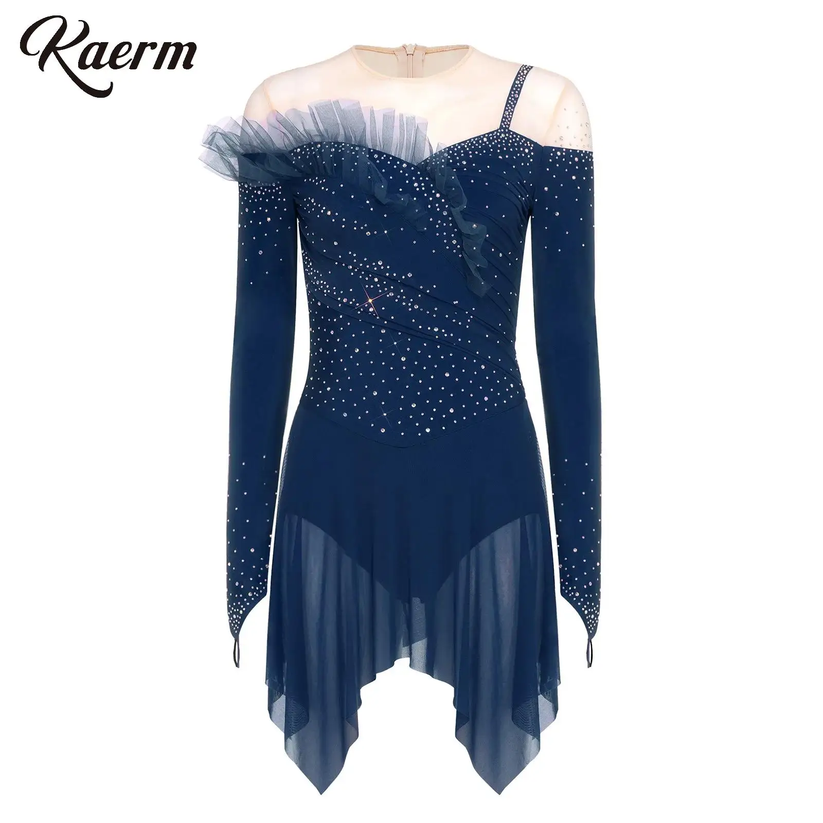 

Women Rhinestones Tulle Figure Skating Dress Long Sleeve Mesh Ballet Latin Modern Lyrical Dance Dress Gymnastic Leotard Bodysuit