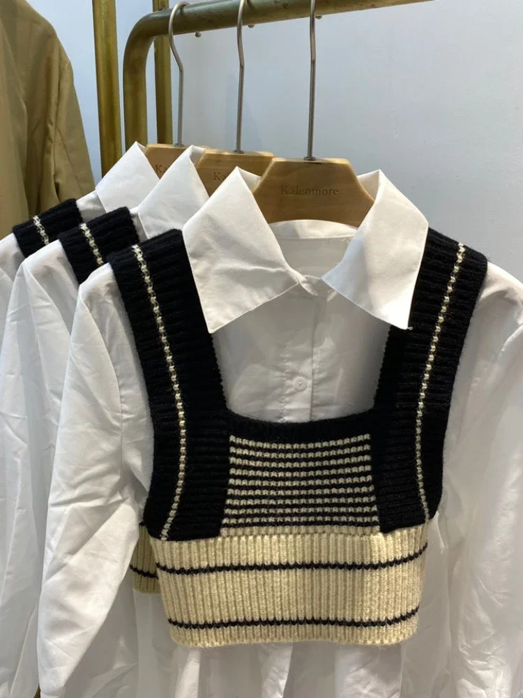 Korean Chic Elegant Sweater Vest Women Vintage Gilets Sans Manches College Style Hit Color Patchwork Striped Coat Chaleco Mujer