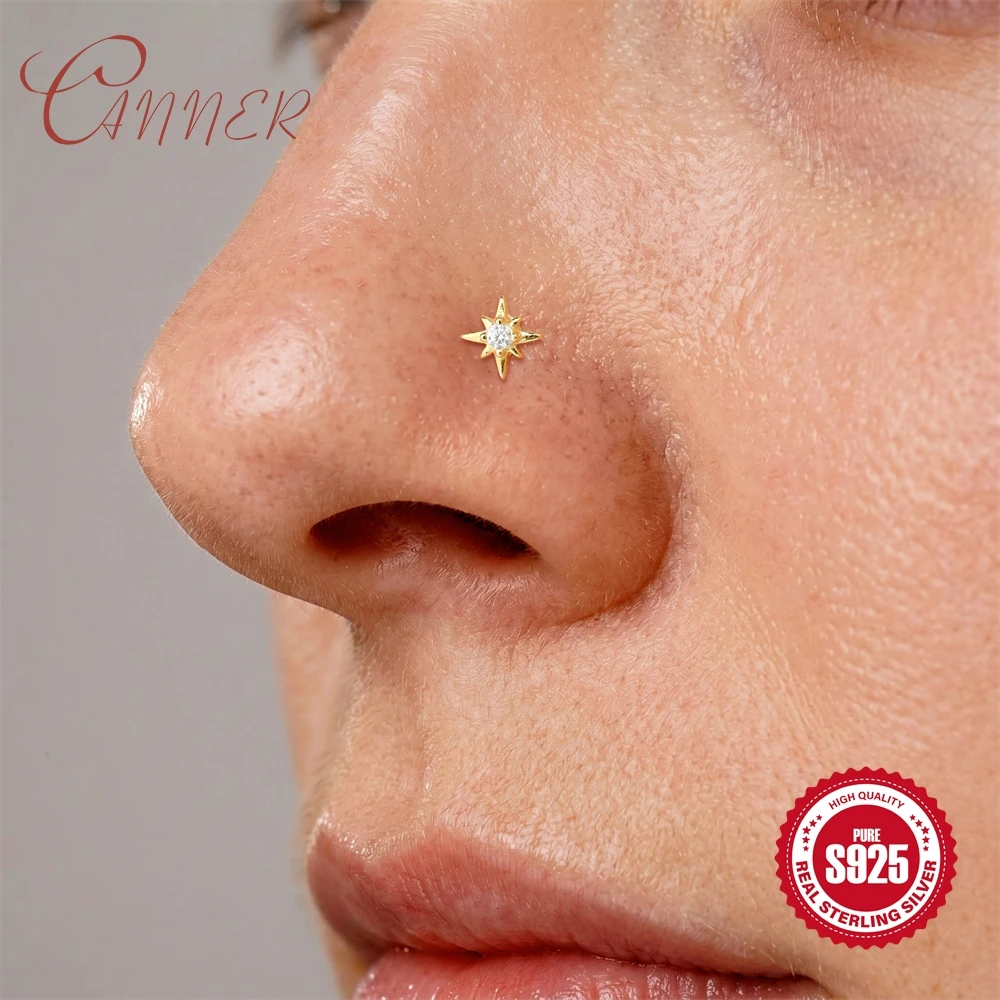CANNER 925 Sterling Silver Zirconia Star Nose Ring Thin Hypoallergenic L-Shape Nose Stud for Women Girls Nose Piercing Jewellery
