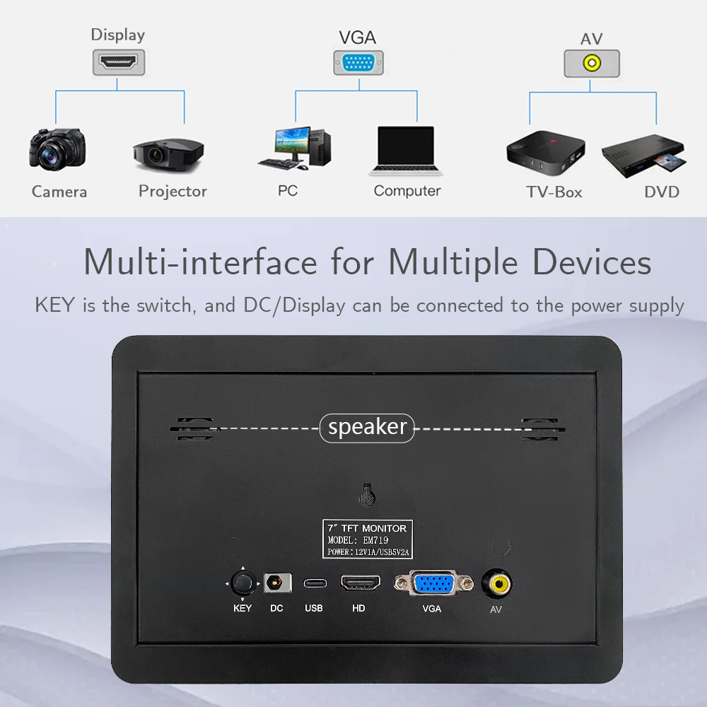 7-inch industrial instrument equipment with high-definition 1024x600 HDMI touch screen IPS panel metal shell, with VGA AV input