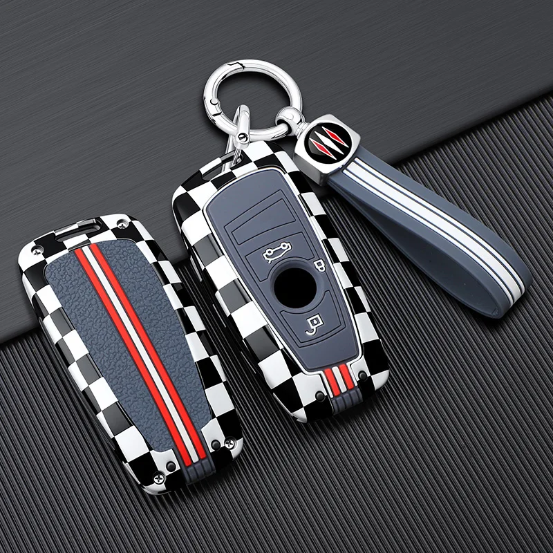 Racing Checkerboard Key Fob Shell For BMW Blade Key3 5 7 Series X1 X3 X5 X6 X7 4 Button Smart Car Remote Key Cover With Key Ring