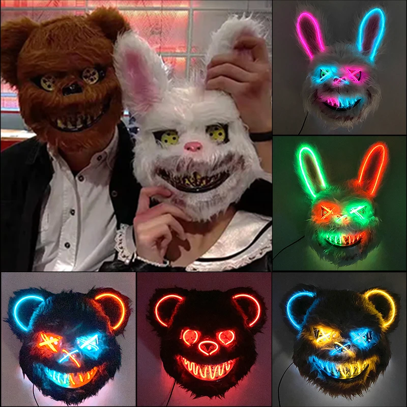 

New Bloody Rabbit Bloody Bear EL Neon Mask Halloween Horror Bunny Masks Carnival Party Cosplay Dress Up Props Halloween Costume