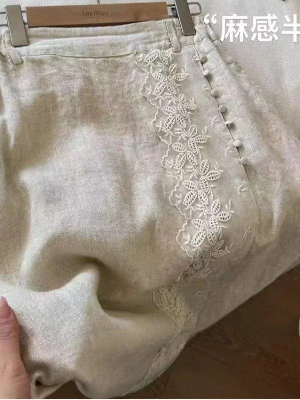 

Artistic Lace Embroidery Patchwork Cotton Linen A-Line Skirt Large Size Women Casual Mid-Length Elastic Waist Skirts