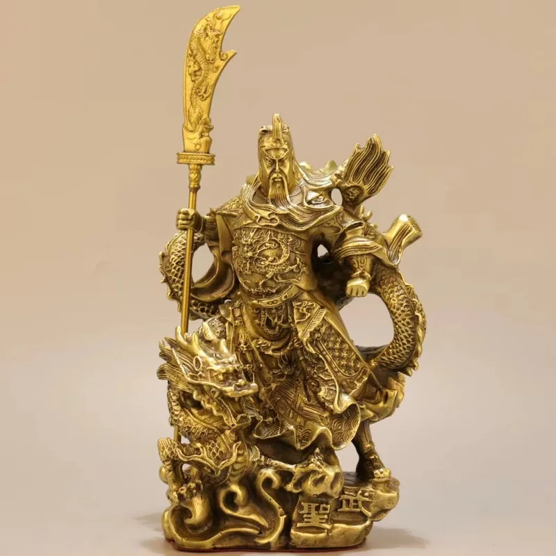 , Martial Saint Yu God of Wealth Guan Gong riding a dragon brass statue ornament for home