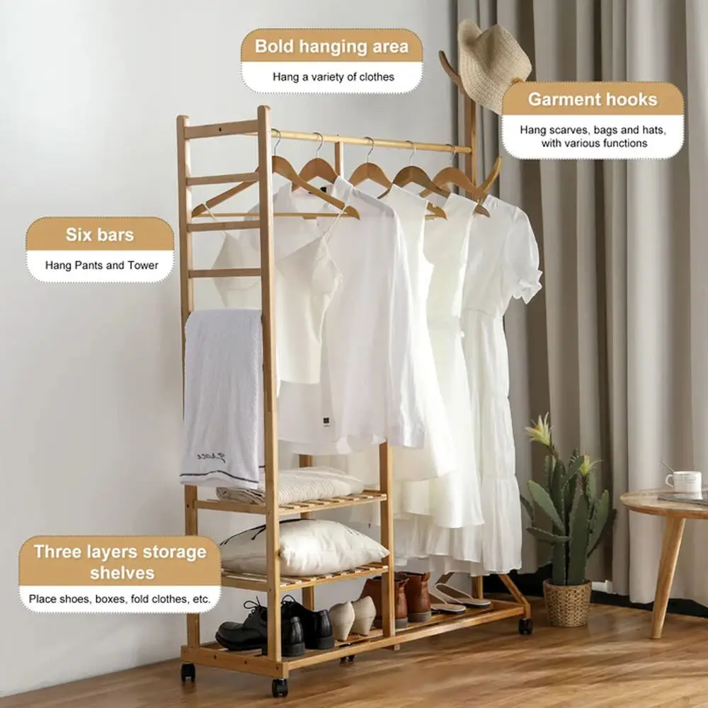 3 Tier Clothes and Hat Rack Bamboo Log Garment Shelves Storage Organizer Movable