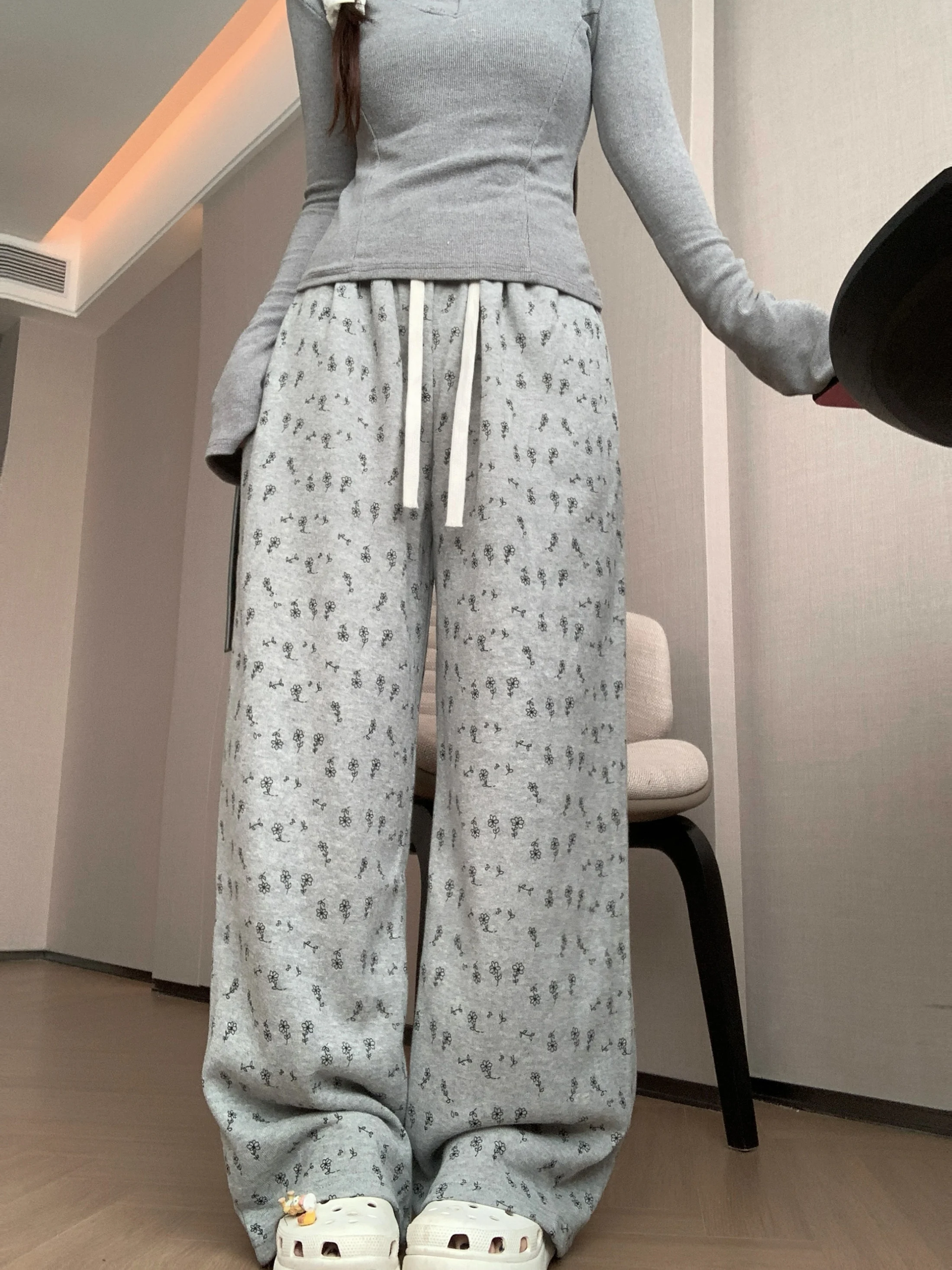 2025 Summer New Japanese Style Ins Pure Cotton Women's Loose Casual Small Floral Straight Pants Home Long Pants