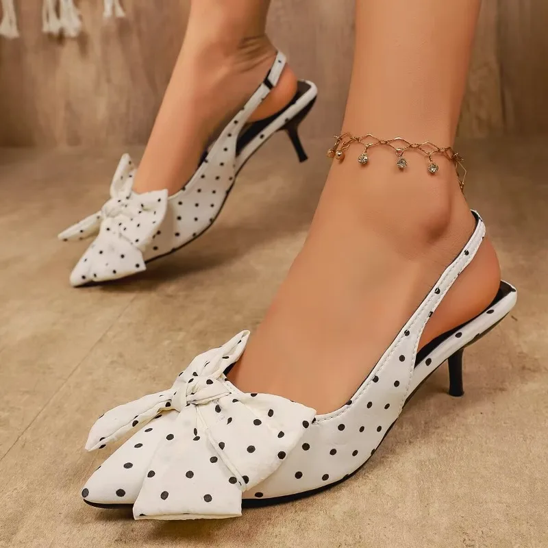 Polka Dot Print Elegante Frauen Pumpen Seide Schmetterling Knoten Spitz Zurück Strap Marke Design High Heels Damen Kleid Schuhe