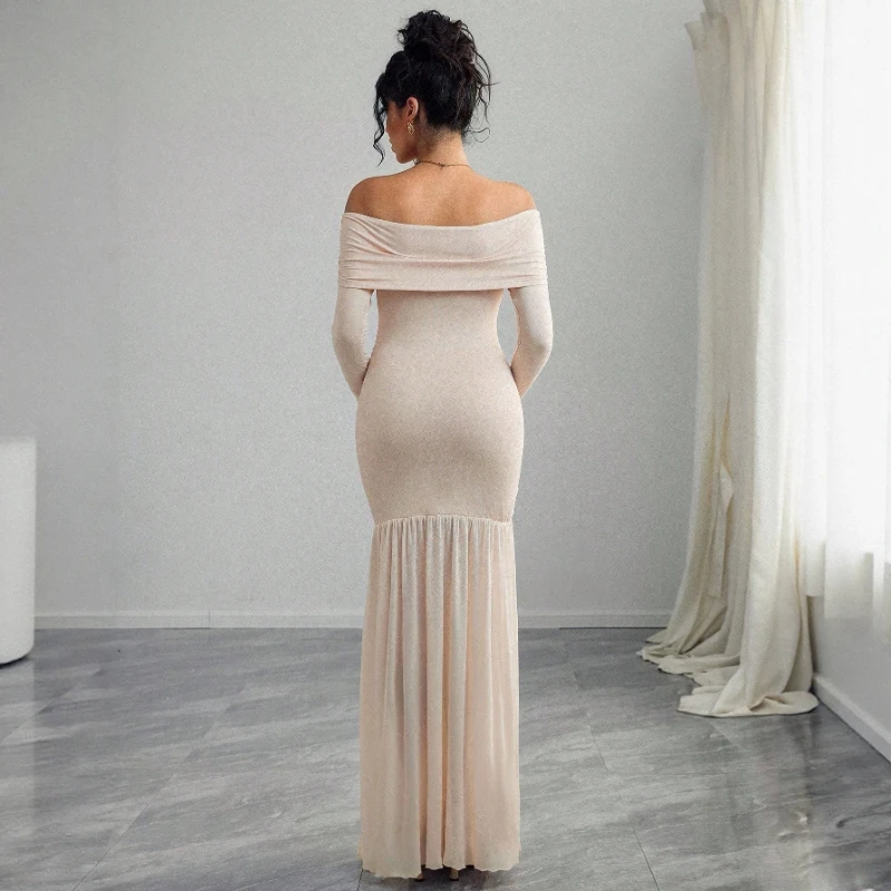 European and American Maternity Dress With One Collar Elegant Mesh Patchwork Dress Banquet Photo Maternity Dress
