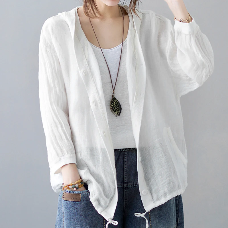 

Women Summer Vintage Cotton Linen Breathable Hooded Sunscreen Shirt Simple Casual Drawstring Blouse Solid Long Sleeve Loose Tops