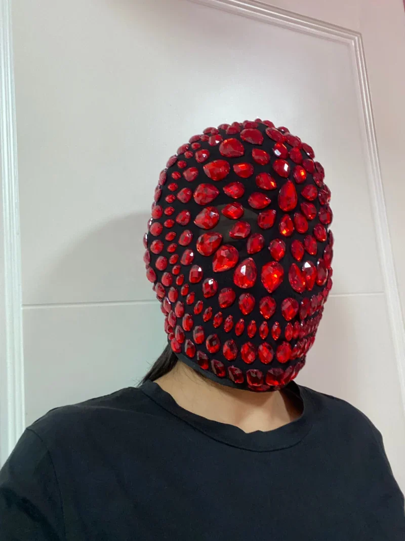 Red Diamond Full Face Mask Handmade Cosplay Punk DJ Stage Dancer Nightclub Headwear Masquerade Carnival Party Rhinestone Mask