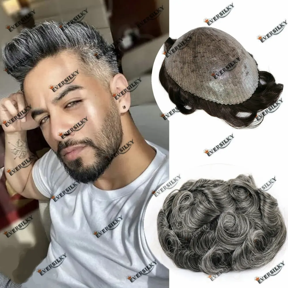 

1B40 Grey Black Durable Full Skin Men's Toupee Human Hair System 0.1mm Injection Skin Base Natural Hair Men Capillary Prosthesis