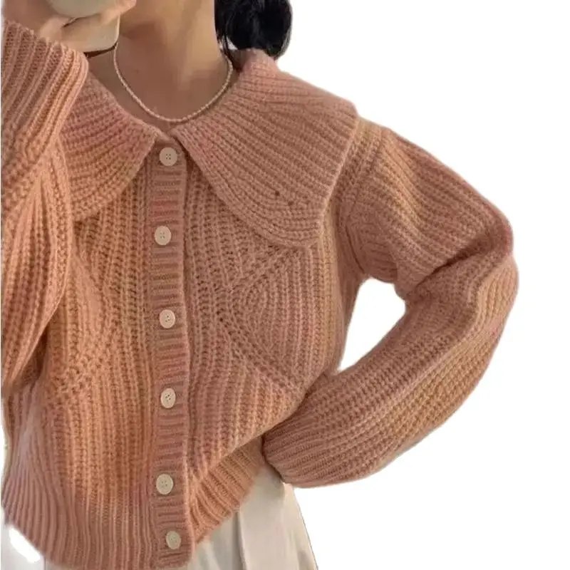 Korean Doll Collar Single-Breasted Cardigan Sweater With Large Lapel Autumn/Winter Vintage Loose Fit Knitted Cardigan Jacket