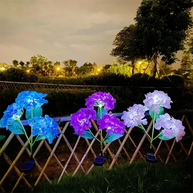 

Outdoor 3 Heads Hydrangea Flower Solar LED Lawn Lamp Fairy Patio Garden Ramadan Decoration Simulation Summer Wedding Party