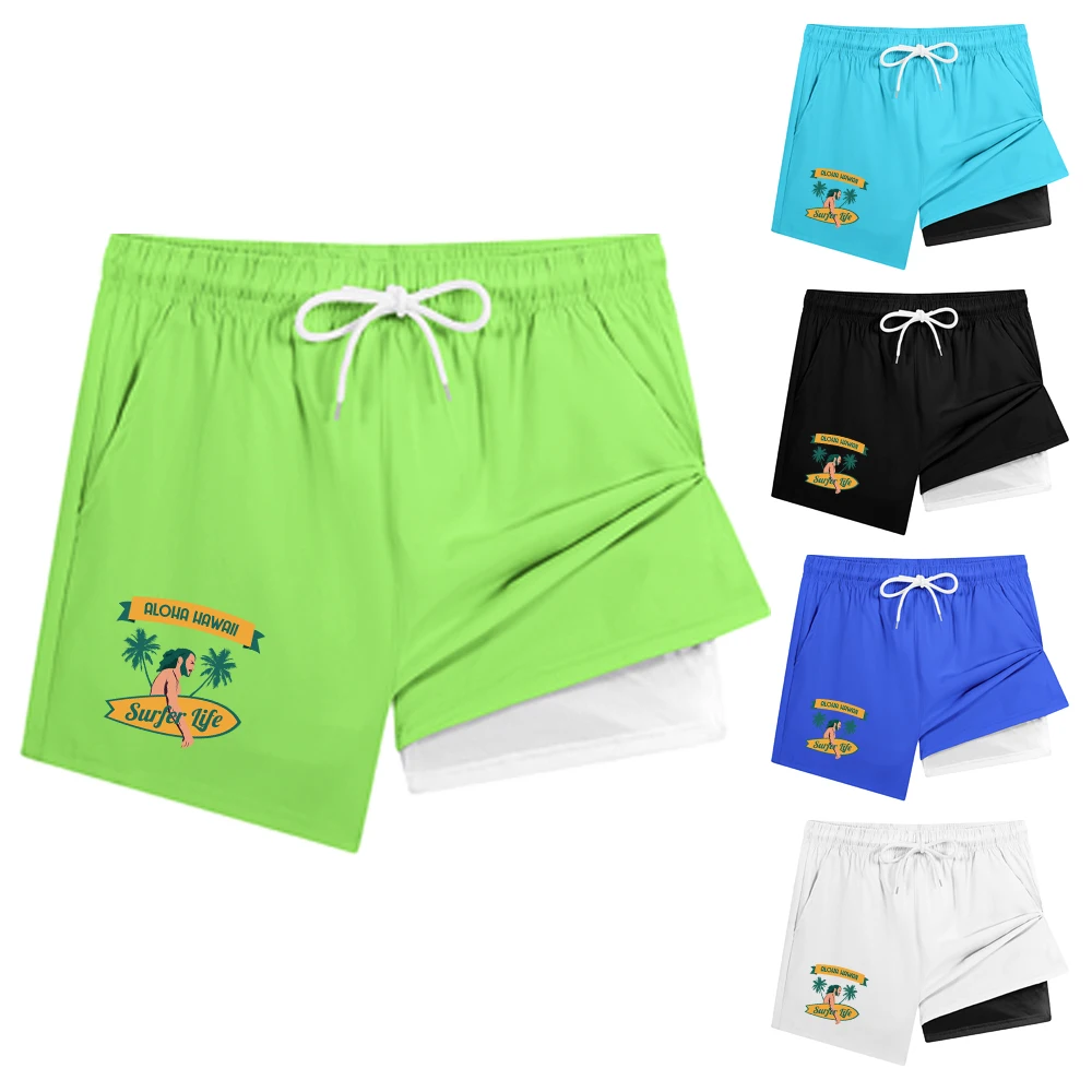 

Men's Quick Dry Double Layer Swim Trunks with Brief Liner & Pockets Elastic Waist Drawstring Beach Shorts "Aloha Hawaii" Print