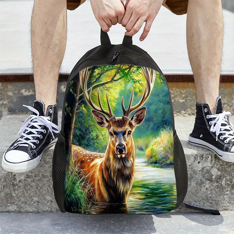 1pc Men's Women's Deer Forest Print Backpack Lightweight Durable Zipper Closure, Adjustable Shoulder Straps Golden-Toned