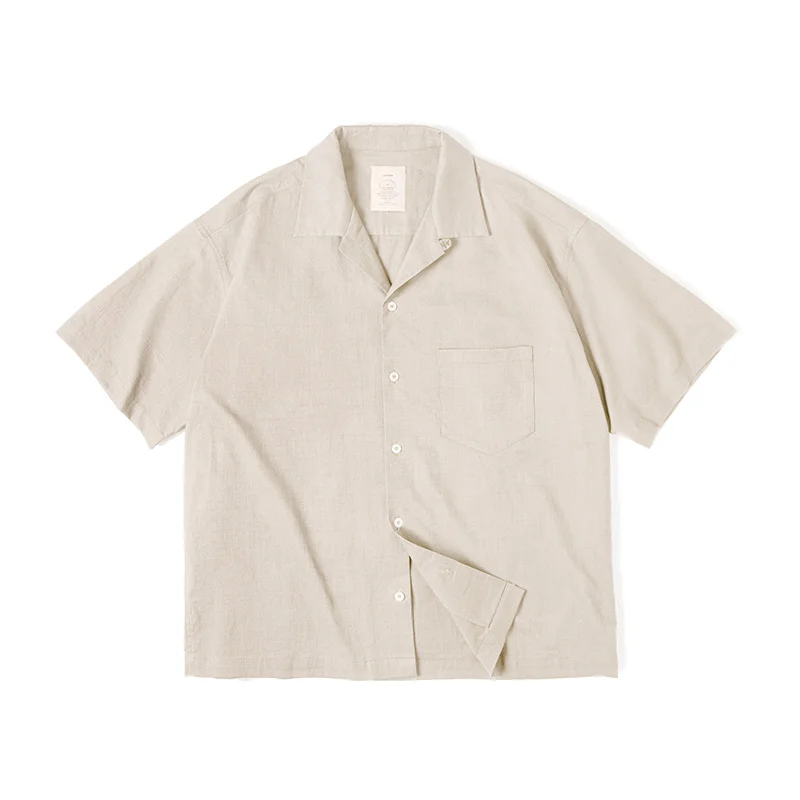 Maden Vintage Cuban Collar Short Sleeve Shirt Men's Summer Lightweight Cotton Single-breasted Loose Fit Solid Color Casual Tops