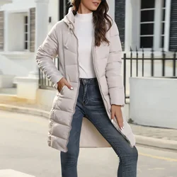 2023 Long Straight Winter Cotton Coat Women Casual Down Jacket Slim Remove Hooded Parka Oversize Fashion Outwear Plus Size Mujer