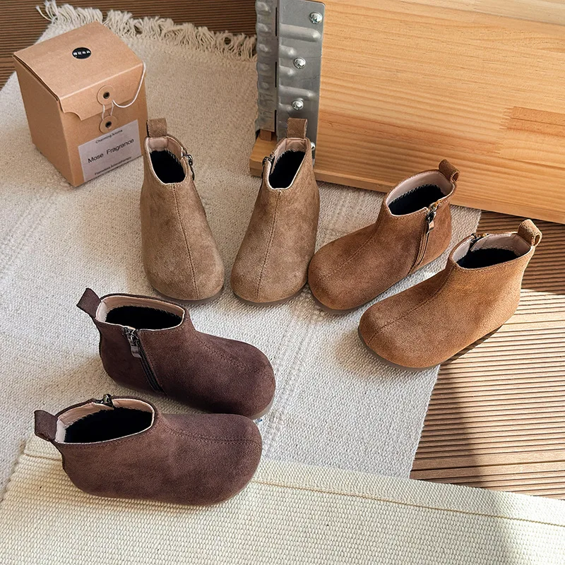 

Детские замшевые ботинки из искусственной кожи, осенне-зимние новые короткие ботильоны в стиле ретро для девочек и мальчиков, размер обуви 21-30