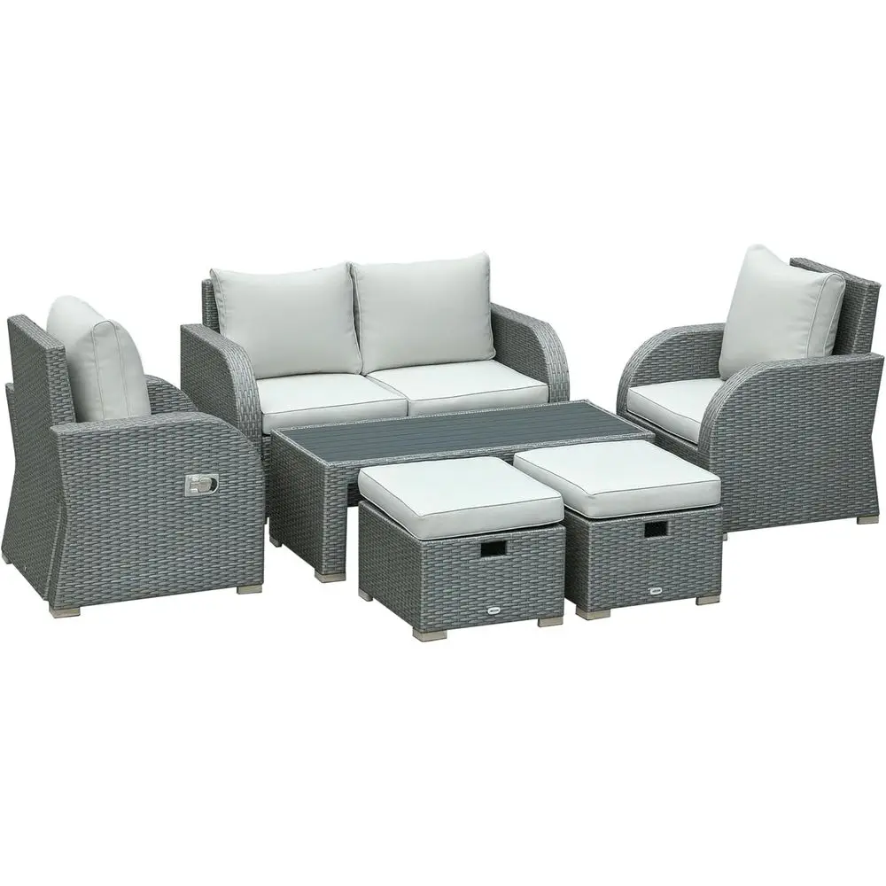 

6-Piece Outdoor Wicker Patio Furniture Set with Adjustable Recline Chairs, Ottomans, Polyester Cushions, Grey