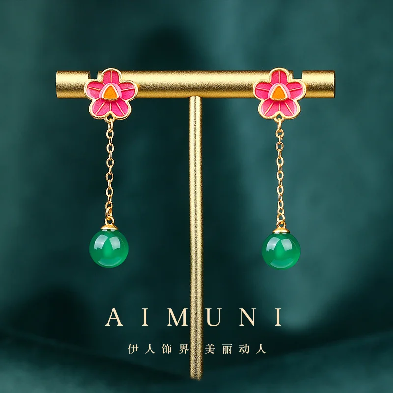Retro çin tarzı emaye degrade çiçeklenme zengin kulak çıtçıt kakma zümrüt antik küpe kadınlar için takı kızlar için Vintage