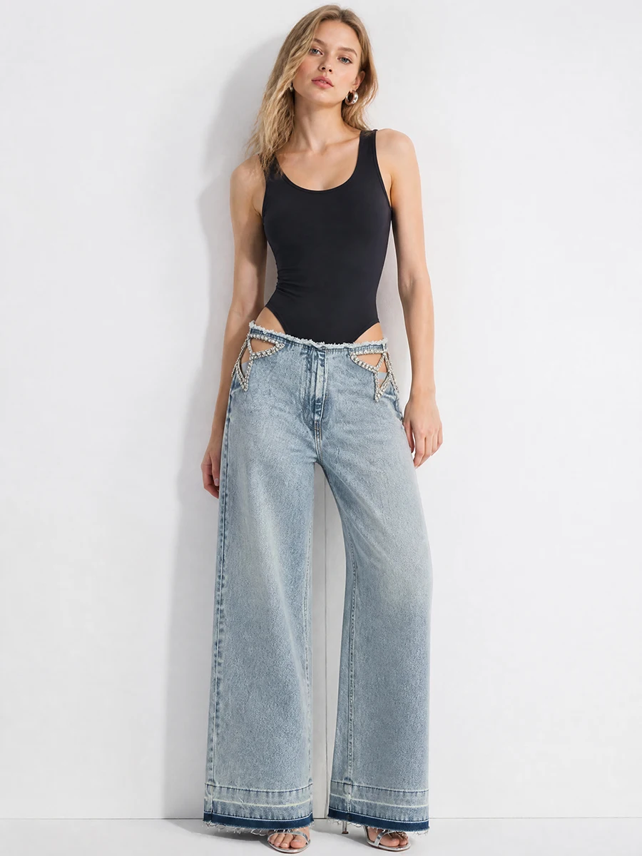 Chic Women Blue Rhinestone Jeans High Waist Frayed Waistband Star Cutout Loose Wide Leg Pants