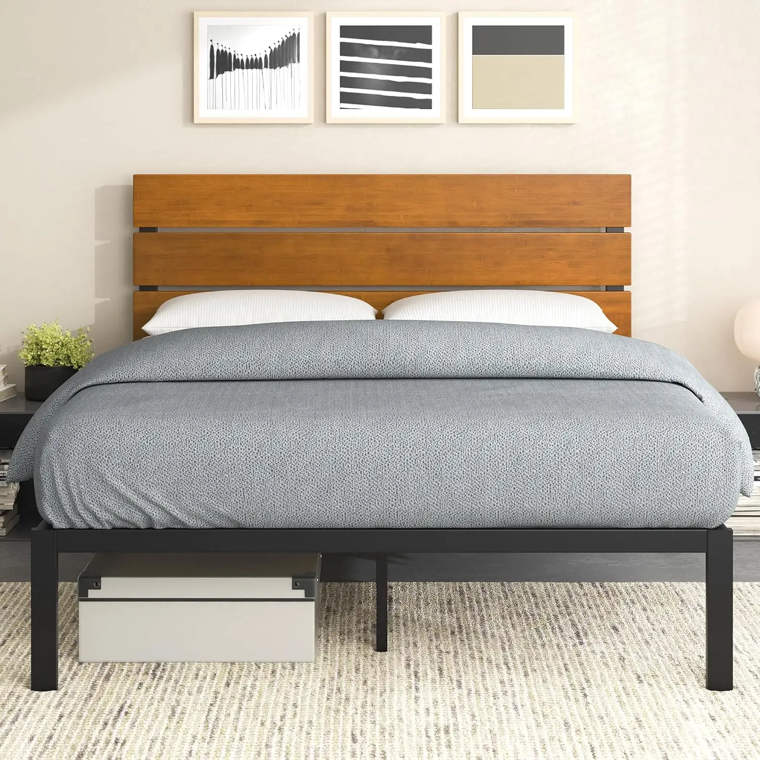 Paul Metal and Bamboo Platform Bed Frame, Wood Slat Support, No Box Spring Needed, Easy Assembly, Full