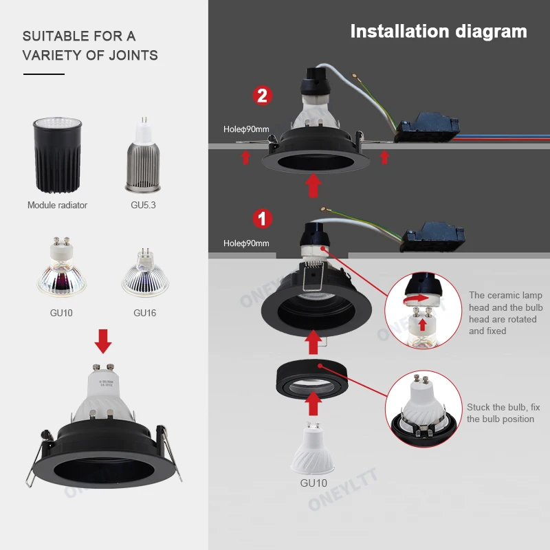 Commercial Square White Black Adjustable Recessed Spotlights Light Fixture Frame LED GU10 MR16 Bulb Lamp Fittings