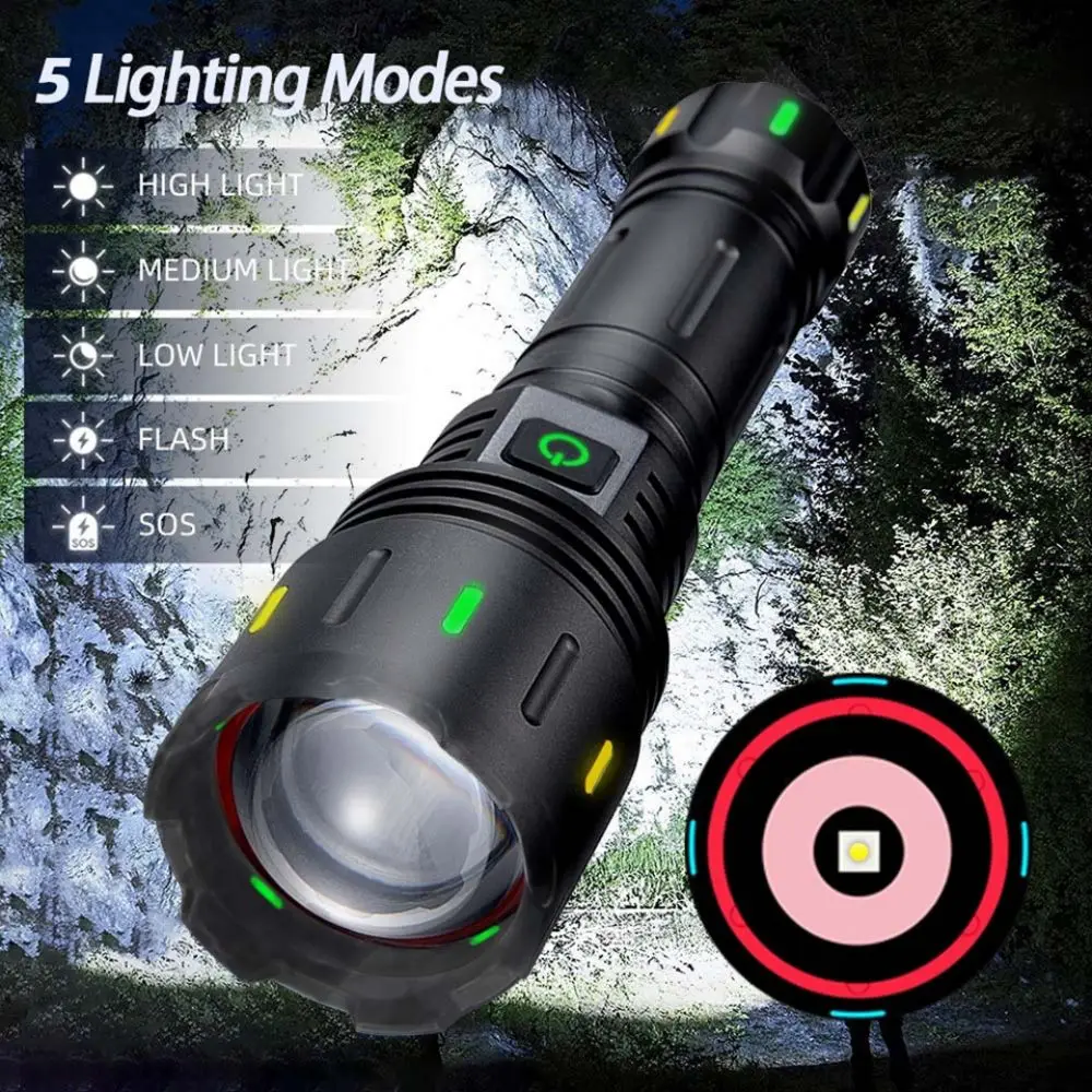 

Strong Light High Power 30W LED Flashlight Long Range Telescopic Focusing Torch USB Charging With Night Fluorescent