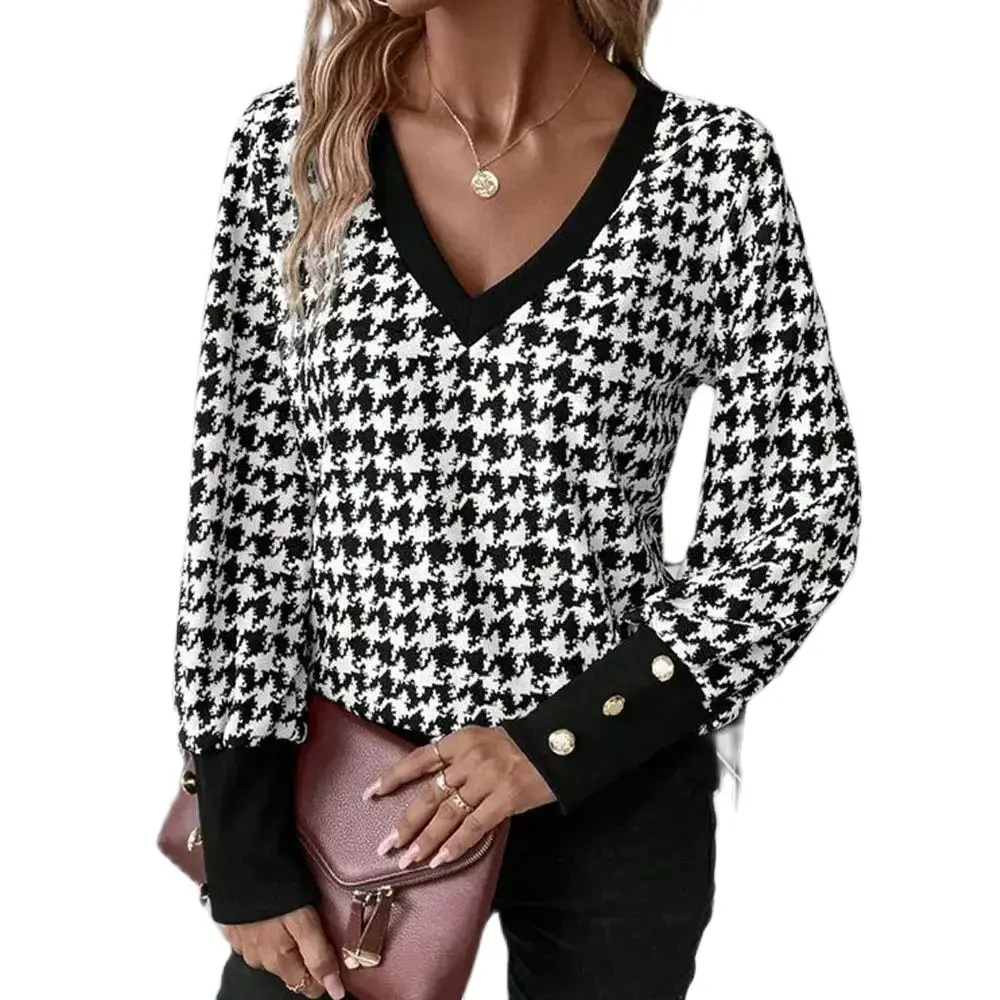 

2024 New Spring Elegant V-neck Top Plus size 3xl Women Casual Street Tees Shirt Long Sleeves Houndstooth T-shirt Womens Clothing