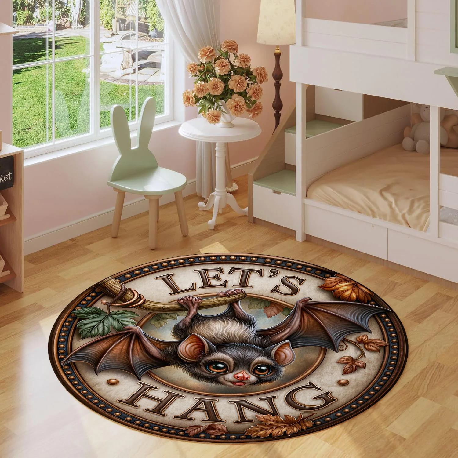 Lets Hang Cute Bat Branch Autumn Leaf Vintage Border Pattern Holiday Luxury Round Mat Elegant Area Rug Home Decor